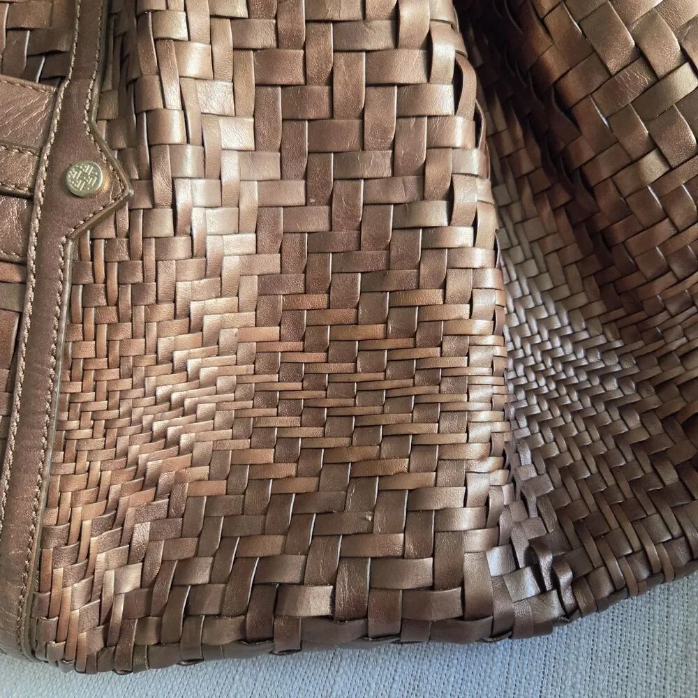 COLE HAAN Genevieve Denney bronze leather Boho Handbag Satchel Woven Large Tote